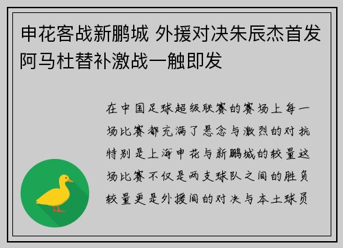 申花客战新鹏城 外援对决朱辰杰首发阿马杜替补激战一触即发
